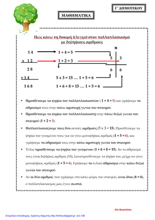 Γ΄ΔΗΜΟΤΙΚΟΥ
ΜΑΘΗΜΑΤΙΚΑ
Πώς κάνω τη δοκιμή (έλεγχο) στον πολλαπλασιασμό
με διψήφιους αριθμούς
1 4 1 + 4 = 5
x 1 2 1 + 2 = 3
2 8
+ 1 4 5 x 3 = 15 … 1 + 5 = 6
1 6 8 1 + 6 + 8 = 15 … 1 + 5 = 6
 Προσθέτουμε τα ψηφία του πολλαπλασιαστέου ( 1 + 4 = 5) και γράφουμε το
άθροισμά τους στην πάνω αριστερή γωνία του σταυρού.
 Προσθέτουμε τα ψηφία του πολλαπλασιαστή στην πάνω δεξιά γωνία του
σταυρού (1 + 2 = 3).
 Πολλαπλασιάζουμε τους δύο αυτούς αριθμούς (5 x 3 = 15). Προσθέτουμε τα
ψηφία του γινομένου τους για να γίνει μονοψήφιος αριθμός (1 + 5 = 6), και
γράφουμε το άθροισμά τους στην κάτω αριστερή γωνία του σταυρού.
 Τέλος προσθέτουμε τα ψηφία του γινομένου (1 + 6 + 8 = 15). Αν το άθροισμά
τους είναι διψήφιος αριθμός (15), ξαναπροσθέτουμε τα ψηφία του, μέχρι να γίνει
μονοψήφιος αριθμός (1 + 5 = 6). Γράφουμε το τελικό άθροισμα στην κάτω δεξιά
γωνία του σταυρού.
 Αν οι δύο αριθμοί, που γράψαμε στο κάτω μέρος του σταυρού, είναι ίδιοι (6 = 6),
ο πολλαπλασιασμός μας έγινε σωστά.
5 3
66
Λία Φωσκόλου
Επιμέλεια επανάληψης: Χρήστος Χαρμπής http://kritiria.blogspot.gr σελ.138
 