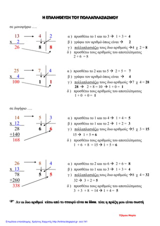 ΗΗΗ ΕΕΕΠΠΠΑΑΑΛΛΛΗΗΗΘΘΘΕΕΕΥΥΥΣΣΣΗΗΗ ΤΤΤΟΟΟΥΥΥ ΠΠΠΟΟΟΛΛΛΛΛΛΑΑΑΠΠΠΛΛΛΑΑΑΣΣΣΙΙΙΑΑΑΣΣΣΜΜΜΟΟΟΥΥΥ
σε μονοψήφιο ….
13 4 2 α ) προσθέτω το 1 και το 3  1 + 3 = 4
x 2 β ) γράφω τον αριθμό όπως είναι  2
26 88 88 γ ) πολλαπλασιάζω τους δυο αριθμούς 4 χ 2 = 8
δ ) προσθέτω τους αριθμούς του αποτελέσματος
2 + 6 = 8
25 7 4 α ) προσθέτω το 2 και το 5  2 + 5 = 7
x 4 β ) γράφω τον αριθμό όπως είναι  4
100 11 11 γ ) πολλαπλασιάζω τους δυο αριθμούς 7 χ 4 = 28
28  2 + 8 = 10  1 + 0 = 1
δ ) προσθέτω τους αριθμούς του αποτελέσματος
1 + 0 + 0 = 1
σε διψήφιο ….
14 5 3 α ) προσθέτω το 1 και το 4  1 + 4 = 5
x 12 β ) προσθέτω το 1 και το 2  1 + 2 = 3
28 66 66 γ ) πολλαπλασιάζω τους δυο αριθμούς 5 χ 3 = 15
+140 15  1 + 5 = 6
168 δ ) προσθέτω τους αριθμούς του αποτελέσματος
1 + 6 + 8 = 15  1 + 5 = 6
26 8 4 α ) προσθέτω το 2 και το 6  2 + 6 = 8
x 13 β ) προσθέτω το 1 και το 3  1 + 3 = 4
78 55 55 γ ) πολλαπλασιάζω τους δυο αριθμούς 8 χ 4 = 32
+260 32  3 + 2 = 5
338 δ ) προσθέτω τους αριθμούς του αποτελέσματος
3 + 3 + 8 = 14  1 + 4 = 5
 ΑΑΑννν οοοιιι δδδυυυοοο αααρρριιιθθθμμμοοοίίί κκκάάάτττωωω αααπππόόό τττοοο σσσττταααυυυρρρόόό εεείίίννναααιιι οοοιιι ίίίδδδιιιοοοιιι τττόόότττεεε ηηη πππρρράάάξξξηηη μμμοοουυυ εεείίίννναααιιι σσσωωωσσστττήήή
Τζάμου Μαρία
Επιμέλεια επανάληψης: Χρήστος Χαρμπής http://kritiria.blogspot.gr σελ.141
 