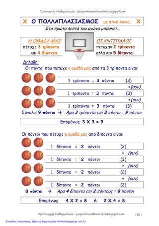 - 16 -
Χ Ο ΠΟΛΛΑΠΛΑΣΙΑΣΜΟΣ με απλά λόγια… Χ
Στα πρώτα λεπτά του αγώνα μπάσκετ…
Η ΟΜΑ∆Α ΜΑΣ ΟΙ ΑΝΤΙΠΑΛΟΙ
πέτυχε 3 τρίποντα πέτυχαν 2 τρίποντα
και 4 δίποντα αλλά και 5 δίποντα
∆ηλαδή:
Οι πόντοι που πέτυχε η ομάδα μας από τα 3 τρίποντα είναι:
1 τρίποντο = 3 πόντοι (3)
+(συν)
1 τρίποντο = 3 πόντοι (3)
+(συν)
1 τρίποντο = 3 πόντοι (3)
Σύνολο: 9 πόντοι  Άρα 3 τρίποντα επί 3 πόντοι = 9 πόντοι
Επομένως 3 Χ 3 = 9
Οι πόντοι που πέτυχε η ομάδα μας από δίποντα είναι:
1 δίποντο = 2 πόντοι (2)
+ (συν)
1 δίποντο = 2 πόντοι (2)
+ (συν)
1 δίποντο = 2 πόντοι (2)
+ (συν)
1 δίποντο = 2 πόντοι (2)
8 πόντοι  Άρα 4 δίποντα επί 2 πόντους = 8 πόντοι
Επομένως 4 Χ 2 = 8 ή 2 Χ 4 = 8
Προπονητής Μαθηματικών - proponitismathimatikon.blogspot.com
Προπονητής Μαθηματικών - proponitismathimatikon.blogspot.com
Επιμέλεια επανάληψης: Χρήστος Χαρμπής http://kritiria.blogspot.gr σελ.13
 
