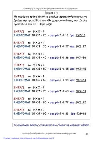 - 21 -
Εύκολο ; ; ;
Με παρόμοιο τρόπο (αυτή τη φορά με αφαίρεση) μπορούμε να
βρούμε την προπαίδεια του «9» χρησιμοποιώντας την εύκολη
προπαίδεια του 10! Πάμε μαζί:
ΖΗΤΑΩ το 9 Χ 2 = ?
ΣΚΕΦΤΟΜΑΙ 10 Χ 2 = 20 – αφαιρώ 2  18 άρα 9Χ2=18
ΖΗΤΑΩ το 9 Χ 3 = ?
ΣΚΕΦΤΟΜΑΙ 10 Χ 3 = 30 – αφαιρώ 3  27 άρα 9Χ3=27
ΖΗΤΑΩ το 9 Χ 4 = ?
ΣΚΕΦΤΟΜΑΙ 10 Χ 4 = 40 – αφαιρώ 4  36 άρα 9Χ4=36
ΖΗΤΑΩ το 9 Χ 5 = ?
ΣΚΕΦΤΟΜΑΙ 10 Χ 5 = 50 – αφαιρώ 5  45 άρα 9Χ5=45
ΖΗΤΑΩ το 9 Χ 6 = ?
ΣΚΕΦΤΟΜΑΙ 10 Χ 6 = 60 – αφαιρώ 6  54 άρα 9Χ6=54
ΖΗΤΑΩ το 9 Χ 7 = ?
ΣΚΕΦΤΟΜΑΙ 10 Χ 7 = 70 – αφαιρώ 7  63 άρα 9Χ7=63
ΖΗΤΑΩ το 9 Χ 8 = ?
ΣΚΕΦΤΟΜΑΙ 10 Χ 8 = 80 – αφαιρώ 8  72 άρα 9Χ8=72
ΖΗΤΑΩ το 9 Χ 9 = ?
ΣΚΕΦΤΟΜΑΙ 10 Χ 9 = 90 – αφαιρώ 9  81 άρα 9Χ9=81
Οι καλύτεροι παίκτες είναι αυτοί που ξέρουν τα καλύτερα κόλπα!
Προπονητής Μαθηματικών - proponitismathimatikon.blogspot.com
Προπονητής Μαθηματικών - proponitismathimatikon.blogspot.com
Επιμέλεια επανάληψης: Χρήστος Χαρμπής http://kritiria.blogspot.gr σελ.18
 