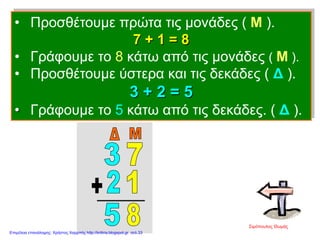 • Προσθέτουμε πρώτα τις μονάδες ( Μ ).
7 + 1 = 8
• Γράφουμε το 8 κάτω από τις μονάδες ( Μ ).
• Προσθέτουμε ύστερα και τις δεκάδες ( Δ ).
3 + 2 = 5
• Γράφουμε το 5 κάτω από τις δεκάδες. ( Δ ).
Σιμόπουλος Θωμάς
Επιμέλεια επανάληψης: Χρήστος Χαρμπής http://kritiria.blogspot.gr σελ.33
 