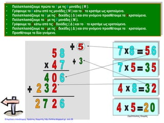 • Πολλαπλασιάζουμε πρώτα το 7 με τις 8 μονάδες ( Μ ).
• Γράφουμε το 6 κάτω από τις μονάδες ( Μ ) και το 5 το κρατάμε ως κρατούμενο.
• Πολλαπλασιάζουμε το 7 με τις 5 δεκάδες ( Δ ) και στο γινόμενο προσθέτουμε τα 5 κρατούμενα.
• Πολλαπλασιάζουμε το 4 με τις 8 μονάδες ( Μ ).
• Γράφουμε το 2 κάτω από τις 0 δεκάδες ( Δ ) και το 3 το κρατάμε ως κρατούμενο.
• Πολλαπλασιάζουμε το 4 με τις 5 δεκάδες ( Δ ) και στο γινόμενο προσθέτουμε τα 3 κρατούμενα.
• Προσθέτουμε τα δύο γινόμενα.
Σιμόπουλος Θωμάς
Επιμέλεια επανάληψης: Χρήστος Χαρμπής http://kritiria.blogspot.gr σελ.39
 