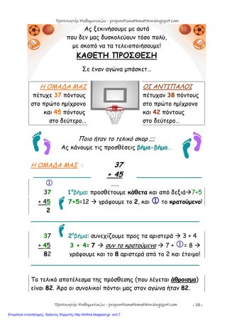 - 10 -
Ας ξεκινήσουμε με αυτά
που δεν μας δυσκολεύουν τόσο πολύ,
με σκοπό να τα τελειοποιήσουμε!
ΚΑΘΕΤΗ ΠΡΟΣΘΕΣΗ
Σε έναν αγώνα μπάσκετ…
Η ΟΜΑ∆Α ΜΑΣ ΟΙ ΑΝΤΙΠΑΛΟΙ
πέτυχε 37 πόντους πέτυχαν 38 πόντους
στο πρώτο ημίχρονο στο πρώτο ημίχρονο
και 45 πόντους και 42 πόντους
στο δεύτερο… στο δεύτερο…
Ποιο ήταν το τελικό σκορ ;;;
Ας κάνουμε τις προσθέσεις βήμα-βήμα…
Η ΟΜΑ∆Α ΜΑΣ : 37
_______________ + 45 _______________
 ……
37 1ο
βήμα: προσθέτουμε κάθετα και από δεξιά7+5
+ 45 7+5=12  γράφουμε το 2, και  το κρατούμενο!
2
____________________________________________
37 2ο
βήμα: συνεχίζουμε προς τα αριστερά  3 + 4
+ 45 3 + 4= 7  συν το κρατούμενο  7 + = 8 
82 γράφουμε και το 8 αριστερά από το 2 και έτοιμο!
____________________________________________
Το τελικό αποτέλεσμα της πρόσθεσης (που λέγεται άθροισμα)
είναι 82. Άρα οι συνολικοί πόντοι μας στον αγώνα ήταν 82.
Προπονητής Μαθηματικών - proponitismathimatikon.blogspot.com
Προπονητής Μαθηματικών - proponitismathimatikon.blogspot.com
Επιμέλεια επανάληψης: Χρήστος Χαρμπής http://kritiria.blogspot.gr σελ.7
 