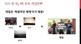 다시 한 번, ‘왜 유독 게임만?’
게임은 ‘복합적인 매체’이기 때문!
분위기
묘사이미지 =
게임
 