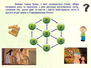 П
У
Р
І
П
А
С
Знайди першу букву, з якої починається слово, обери
напрямок руху та прочитай, з якої рослини виготовляли папір,
готували їжу, шили одяг та взуття і навіть майстрували легкі й
досить міцні човни в Стародавньому Єгипті.
 