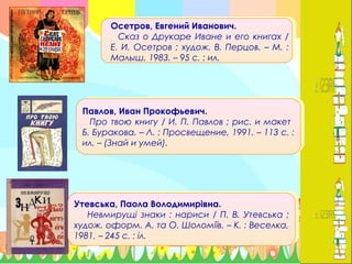 Утевська, Паола Володимирівна.
 Невмирущі знаки : нариси / П. В. Утевська ;
худож. оформ. А. та О. Шоломіїв. – К. : Веселка,
1981. – 245 с. : іл.
Утевська, Паола Володимирівна.
 Невмирущі знаки : нариси / П. В. Утевська ;
худож. оформ. А. та О. Шоломіїв. – К. : Веселка,
1981. – 245 с. : іл.
Павлов, Иван Прокофьевич.
   Про твою книгу / И. П. Павлов ; рис. и макет
Б. Буракова. – Л. : Просвещение, 1991. – 113 с. :
ил. – (Знай и умей).
Павлов, Иван Прокофьевич.
   Про твою книгу / И. П. Павлов ; рис. и макет
Б. Буракова. – Л. : Просвещение, 1991. – 113 с. :
ил. – (Знай и умей).
Осетров, Евгений Иванович.
   Сказ о Друкаре Иване и его книгах /
Е. И. Осетров ; худож. В. Перцов. – М. :
Малыш, 1983. – 95 с. : ил.
 