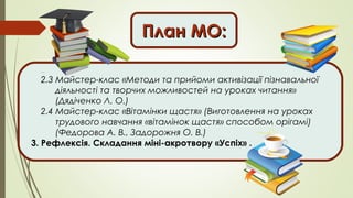 План МО:План МО:
2.3 Майстер-клас «Методи та прийоми активізації пізнавальної
діяльності та творчих можливостей на уроках читання»
(Дядіченко Л. О.)
2.4 Майстер-клас «Вітамінки щастя» (Виготовлення на уроках
трудового навчання «вітамінок щастя» способом орігамі)
(Федорова А. В., Задорожня О. В.)
3. Рефлексія. Складання міні-акротвору «Успіх» .
 