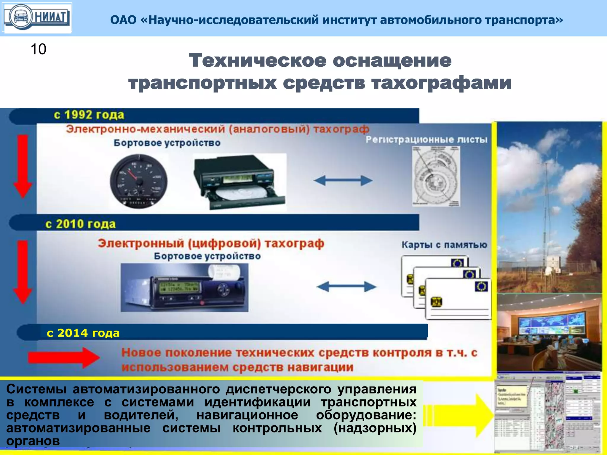 ОАО «Научно-исследовательский институт автомобильного транспорта»
http//www.niiat.ru
1010
Техническое оснащение
транспортных средств тахографами
с 2014 года
Системы автоматизированного диспетчерского управления
в комплексе с системами идентификации транспортных
средств и водителей, навигационное оборудование:
автоматизированные системы контрольных (надзорных)
органов
10
 