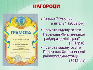  Звання “Старший
вчитель” (2003 рік)
 Грамота відділу освіти
Переяслав-Хмельницької
райдержадміністрації
(2014рік)
 Грамота відділу освіти
Переяслав-Хмельницької
райдержадміністрації
(2015 рік)
НАГОРОДИ
 