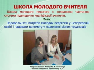 ШКОЛА МОЛОДОГО ВЧИТЕЛЯ
Старший вчитель Ковтун Св.В. консультує
вчителя-спеціаліста Барановську Ю.П.
Школа молодого педагога є складовою частиною
системи підвищення кваліфікації вчителів.
Мета:
Задовольняти потреби молодих педагогів у неперервній
освіті і надавати допомогу у подоланні різних труднощів
 