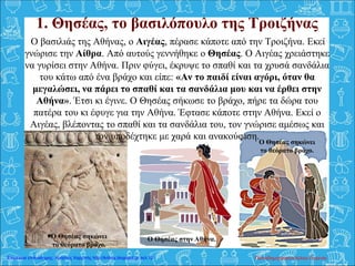 Ο βασιλιάς της Αθήνας, ο Αιγέας, πέρασε κάποτε από την Τροιζήνα. Εκεί
γνώρισε την Αίθρα. Από αυτούς γεννήθηκε ο Θησέας. Ο Αιγέας χρειάστηκε
να γυρίσει στην Αθήνα. Πριν φύγει, έκρυψε το σπαθί και τα χρυσά σανδάλια
του κάτω από ένα βράχο και είπε: «Αν το παιδί είναι αγόρι, όταν θα
μεγαλώσει, να πάρει το σπαθί και τα σανδάλια μου και να έρθει στην
Αθήνα». Έτσι κι έγινε. Ο Θησέας σήκωσε το βράχο, πήρε τα δώρα του
πατέρα του κι έφυγε για την Αθήνα. Έφτασε κάποτε στην Αθήνα. Εκεί ο
Αιγέας, βλέποντας το σπαθί και τα σανδάλια του, τον γνώρισε αμέσως και
τον υποδέχτηκε με χαρά και ανακούφιση.
Ο Θησέας σηκώνει
το θεόρατο βράχο.
Ο Θησέας σηκώνει
το θεόρατο βράχο.
Ο Θησέας στην Αθήνα.
1. Θησέας, το βασιλόπουλο της Τροιζήνας
Παπαδημητρακοπούλου ΕυγενίαΕπιμέλεια επανάληψης: Χρήστος Χαρμπής http://kritiria.blogspot.gr σελ.12
 