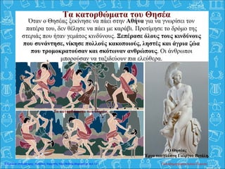Τα κατορθώματα του Θησέα
Όταν ο Θησέας ξεκίνησε να πάει στην Αθήνα για να γνωρίσει τον
πατέρα του, δεν θέλησε να πάει με καράβι. Προτίμησε το δρόμο της
στεριάς που ήταν γεμάτος κινδύνους. Ξεπέρασε όλους τους κινδύνους
που συνάντησε, νίκησε πολλούς κακοποιούς, ληστές και άγρια ζώα
που τρομοκρατούσαν και σκότωναν ανθρώπους. Οι άνθρωποι
μπορούσαν να ταξιδεύουν πια ελεύθερα.
Ο Θησέας
Έργο του γλύπτη Γιώργου Βιτάλη.
Τα κατορθώματα του Θησέα.
Παπαδημητρακοπούλου ΕυγενίαΕπιμέλεια επανάληψης: Χρήστος Χαρμπής http://kritiria.blogspot.gr σελ.13
 
