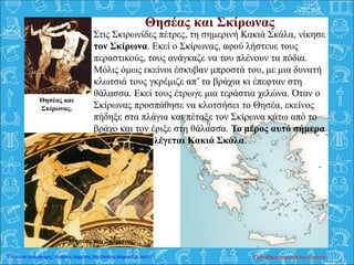 Θησέας και Σκίρωνας
Στις Σκιρωνίδες πέτρες, τη σημερινή Κακιά Σκάλα, νίκησε
τον Σκίρωνα. Εκεί ο Σκίρωνας, αφού λήστευε τους
περαστικούς, τους ανάγκαζε να του πλένουν τα πόδια.
Μόλις όμως εκείνοι έσκυβαν μπροστά του, με μια δυνατή
κλωτσιά τους γκρέμιζε απ’ τα βράχια κι έπεφταν στη
θάλασσα. Εκεί τους έτρωγε μια τεράστια χελώνα. Όταν ο
Σκίρωνας προσπάθησε να κλοτσήσει το Θησέα, εκείνος
πήδηξε στα πλάγια και πέταξε τον Σκίρωνα κάτω από το
βράχο και τον έριξε στη θάλασσα. Το μέρος αυτό σήμερα
λέγεται λέγεται Κακιά Σκάλα.
Θησέας και
Σκίρωνας.
Θησέας και ΣκίρωναςΘησέας και Σκίρωνας.
Παπαδημητρακοπούλου ΕυγενίαΕπιμέλεια επανάληψης: Χρήστος Χαρμπής http://kritiria.blogspot.gr σελ.17
 