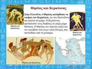Στην Ελευσίνα, ο Θησέας κατόρθωσε να
νικήσει τον Κερκύονα, γιο του Ποσειδώνα
και άριστο πυγμάχο. Ο Κερκύονας
προκαλούσε τους διαβάτες σε μάχη μέχρι
θανάτου. Ο Θησέας τον σήκωσε ψηλά και
τον κατέβασε στη γη με τόση δύναμη, που
σκοτώθηκε από το χτύπημα.
Θησέας και Κερκύονας
Θησέας και
Κερκύονας.
Θησέας και Κερκύονας.
Θησέας και
Κερκύονας.
Παπαδημητρακοπούλου ΕυγενίαΕπιμέλεια επανάληψης: Χρήστος Χαρμπής http://kritiria.blogspot.gr σελ.18
 