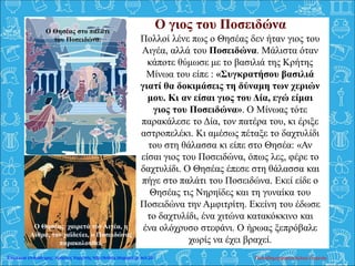 Ο γιος του Ποσειδώνα
Πολλοί λένε πως ο Θησέας δεν ήταν γιος του
Αιγέα, αλλά του Ποσειδώνα. Μάλιστα όταν
κάποτε θύμωσε με το βασιλιά της Κρήτης
Μίνωα του είπε : «Συγκρατήσου βασιλιά
γιατί θα δοκιμάσεις τη δύναμη των χεριών
μου. Κι αν είσαι γιος του Δία, εγώ είμαι
γιος του Ποσειδώνα». Ο Μίνωας τότε
παρακάλεσε το Δία, τον πατέρα του, κι έριξε
αστροπελέκι. Κι αμέσως πέταξε το δαχτυλίδι
του στη θάλασσα κι είπε στο Θησέα: «Αν
είσαι γιος του Ποσειδώνα, όπως λες, φέρε το
δαχτυλίδι. Ο Θησέας έπεσε στη θάλασσα και
πήγε στο παλάτι του Ποσειδώνα. Εκεί είδε ο
Θησέας τις Νηρηίδες και τη γυναίκα του
Ποσειδώνα την Αμφιτρίτη. Εκείνη του έδωσε
το δαχτυλίδι, ένα χιτώνα κατακόκκινο και
ένα ολόχρυσο στεφάνι. Ο ήρωας ξεπρόβαλε
χωρίς να έχει βραχεί.
Ο Θησέας χαιρετά τον Αιγέα, η
Αίθρα, τον χαϊδεύει, ο Ποσειδώνας
παρακολουθεί.
Ο Θησέας στο παλάτι
του Ποσειδώνα.
Παπαδημητρακοπούλου ΕυγενίαΕπιμέλεια επανάληψης: Χρήστος Χαρμπής http://kritiria.blogspot.gr σελ.25
 