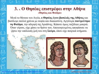 3. 4. Ο Θησέας επιστρέφει στην Αθήνα
«Θησέας και Φαίδρα»
Μετά το θάνατο του Αιγέα, ο Θησέας έγινε βασιλιάς της Αθήνας και
βασίλεψε πολλά χρόνια με σοφία και δικαιοσύνη. Αργότερα παντρεύτηκε
τη Φαίδρα, την αδερφή της Αριάδνης. Κάποτε όμως ταξίδεψε μακριά.
Όταν γύρισε, είχε χάσει το θρόνο του. Απογοητευμένος αποφάσισε να
ζήσει την υπόλοιπη ζωή του στη Σκύρο, όπου είχε πατρικά κτήματα.
Παπαδημητρακοπούλου ΕυγενίαΕπιμέλεια επανάληψης: Χρήστος Χαρμπής http://kritiria.blogspot.gr σελ.29
 