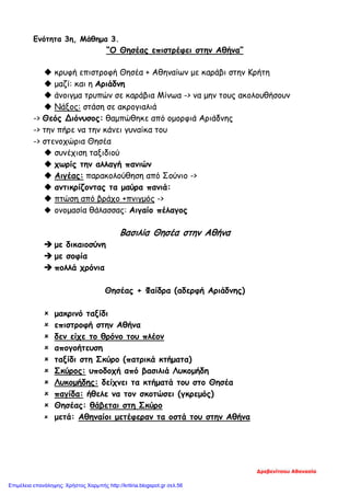 Ενότητα 3η, Μάθημα 3.
“Ο Θησέας επιστρέφει στην Αθήνα”
 κρυφή επιστροφή Θησέα + Αθηναίων με καράβι στην Κρήτη
 μαζί: και η Αριάδνη
 άνοιγμα τρυπών σε καράβια Μίνωα -> να μην τους ακολουθήσουν
 Νάξος: στάση σε ακρογιαλιά
-> Θεός Διόνυσος: θαμπώθηκε από ομορφιά Αριάδνης
-> την πήρε να την κάνει γυναίκα του
-> στενοχώρια Θησέα
 συνέχιση ταξιδιού
 χωρίς την αλλαγή πανιών
 Αιγέας: παρακολούθηση από Σούνιο ->
 αντικρίζοντας τα μαύρα πανιά:
 πτώση από βράχο +πνιγμός ->
 ονομασία θάλασσας: Αιγαίο πέλαγος
Βασιλία Θησέα στην Αθήνα
 με δικαιοσύνη
 με σοφία
 πολλά χρόνια
Θησέας + Φαίδρα (αδερφή Αριάδνης)
 μακρινό ταξίδι
 επιστροφή στην Αθήνα
 δεν είχε το θρόνο του πλέον
 απογοήτευση
 ταξίδι στη Σκύρο (πατρικά κτήματα)
 Σκύρος: υποδοχή από βασιλιά Λυκομήδη
 Λυκομήδης: δείχνει τα κτήματά του στο Θησέα
 παγίδα: ήθελε να τον σκοτώσει (γκρεμός)
 Θησέας: θάβεται στη Σκύρο
 μετά: Αθηναίοι μετέφεραν τα οστά του στην Αθήνα
Δρεβενίτσου Αθανασία
Επιμέλεια επανάληψης: Χρήστος Χαρμπής http://kritiria.blogspot.gr σελ.56
 