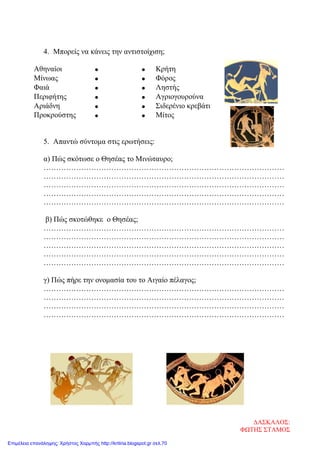 4. Μπορείς να κάνεις την αντιστοίχιση;
Αθηναίοι • • Κρήτη
Μίνωας • • Φόρος
Φαιά • • Ληστής
Περιφήτης • • Αγριογουρούνα
Αριάδνη • • Σιδερένιο κρεβάτι
Προκρούστης • • Μίτος
5. Απαντώ σύντομα στις ερωτήσεις:
α) Πώς σκότωσε ο Θησέας το Μινώταυρο;
……………………………………………………………………………………
……………………………………………………………………………………
……………………………………………………………………………………
……………………………………………………………………………………
……………………………………………………………………………………
β) Πώς σκοτώθηκε ο Θησέας;
……………………………………………………………………………………
……………………………………………………………………………………
……………………………………………………………………………………
……………………………………………………………………………………
……………………………………………………………………………………
γ) Πώς πήρε την ονομασία του το Αιγαίο πέλαγος;
……………………………………………………………………………………
……………………………………………………………………………………
……………………………………………………………………………………
……………………………………………………………………………………
ΔΑΣΚΑΛΟΣ:
ΦΩΤΗΣ ΣΤΑΜΟΣ
Επιμέλεια επανάληψης: Χρήστος Χαρμπής http://kritiria.blogspot.gr σελ.70
 