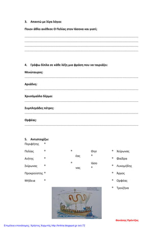 3. Απαντώ με λίγα λόγια:
Ποιον άθλο ανέθεσε Ο Πελίας στον Ιάσονα και γιατί;
.........................................................................................................................................
.........................................................................................................................................
.........................................................................................................................................
.........................................................................................................................................
4. Γράφω δίπλα σε κάθε λέξη μια φράση που να ταιριάζει:
Μινώταυρος:
.........................................................................................................................................
Αριάδνη:
.........................................................................................................................................
Χρυσόμαλλο δέρμα:
.........................................................................................................................................
Συμπληγάδες πέτρες:
.........................................................................................................................................
Ορφέας:
.........................................................................................................................................
5. Αντιστοιχίζω:
Περιφήτης ®
Πελίας ®
Αιήτης ®
Σκίρωνας ®
Προκρούστης ®
Μήδεια ®
® Θησ
έας ®
® Ιάσο
νας ®
® Χείρωνας
® Φαίδρα
® Λυκομήδης
® Άργος
® Ορφέας
® Τροιζήνα
Θανάσης Πρέντζας
Επιμέλεια επανάληψης: Χρήστος Χαρμπής http://kritiria.blogspot.gr σελ.72
 