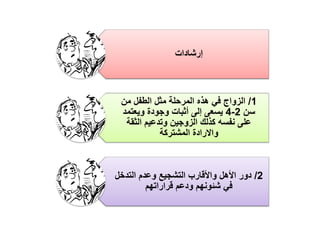 ‫إرشادات‬
1/‫من‬ ‫الطفل‬ ‫مثل‬ ‫المرحلة‬ ‫هذه‬ ‫في‬ ‫الزواج‬
‫سن‬2-4‫ويعتمد‬ ‫وجودة‬ ‫أثبات‬ ‫إلى‬ ‫يسعى‬
‫الثقة‬ ‫وتدعيم‬ ‫الزوجين‬ ‫كذلك‬ ‫نفسه‬ ‫على‬
‫المشتركة‬ ‫واالرادة‬
2/‫التدخل‬ ‫وعدم‬ ‫التشجيع‬ ‫واألقارب‬ ‫األهل‬ ‫دور‬
‫قراراتهم‬ ‫ودعم‬ ‫شئونهم‬ ‫في‬
 