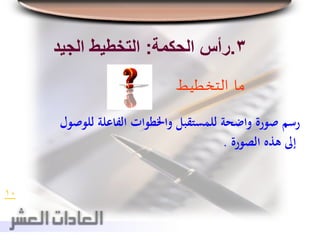 ‫ما‬‫التخطيط‬
10
3.‫الحكمة‬ ‫رأس‬:‫الجيد‬ ‫التخطيط‬
‫للوصول‬ ‫الفاعلة‬ ‫واخلطوات‬ ‫للمستقبل‬ ‫واضحة‬ ‫صورة‬ ‫رسم‬
‫الصورة‬ ‫هذه‬ ‫إىل‬.
 