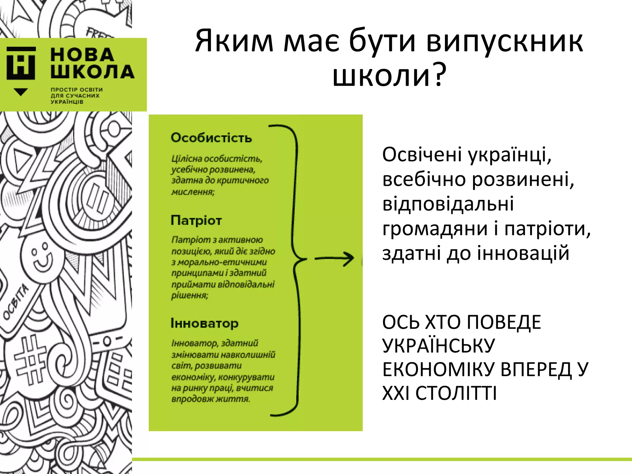 Яким має бути випускник
школи?
Освічені українці,
всебічно розвинені,
відповідальні
громадяни і патріоти,
здатні до інновацій
ОСЬ ХТО ПОВЕДЕ
УКРАЇНСЬКУ
ЕКОНОМІКУ ВПЕРЕД У
XXI СТОЛІТТІ
 