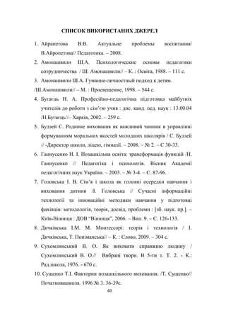 60
СПИСОК ВИКОРИСТАНИХ ДЖЕРЕЛ
1. Айрапетова В.В. Актуальне проблемы воспитания/
В.Айропетова// Педагогика. – 2008.
2. Амонашвили Ш.А. Психологические основы педагогики
сотрудничества / Ш. Амонашвили// – К. : Освіта, 1988. – 111 с.
3. Амонашвили Ш.А. Гуманно-личностный подход к детям.
/Ш.Амонашвили// – М. : Просвещение, 1998. – 544 с.
4. Бугаєць Н. А. Професійно-педагогічна підготовка майбутніх
учителів до роботи з сім’єю учня : дис. канд. пед. наук : 13.00.04
/Н.Бугаєць//– Харків, 2002. – 259 с.
5. Будзей С. Родинне виховання як важливий чинник в управлінні
формуванням моральних якостей молодших школярів / С. Будзей
// -Директор школи, ліцею, гімназії. – 2008. – № 2. – С 30-33.
6. Ганнусенко Н. І. Позашкільна освіта: трансформація функцій /Н.
Ганнусенко // Педагогіка і психологія. Вісник Академії
педагогічних наук України. – 2003. – № 3-4. – С. 87-96.
7. Головська І. В. Сім’я і школа як головні осередки навчання і
виховання дитини /І. Головська // Сучасні інформаційні
технології та інноваційні методики навчання у підготовці
фахівців: методологія, теорія, досвід, проблеми : [зб. наук. пр.]. –
Київ-Вінниця : ДОВ “Вінниця”, 2006. – Вип. 9. – С. 126-133.
8. Дичківська І.М. М. Монтессорі: теорія і технологія / І.
Дичківська, Т. Поніманська// – К. : Слово, 2009. – 304 с.
9. Сухомлинський В. О. Як виховати справжню людину /
Сухомлинський В. О.// Вибрані твори. В 5-ти т. Т. 2. - К.:
Рад.школа, 1976. - 670 с.
10. Сущенко Т.І. Фактории позашкільного виховання. /Т. Сущенко//
Початковашкола. 1996 № 3. 36-39с.
 