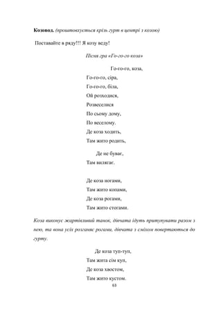 63
Козовод. (проштовхується крізь гурт в центрі з козою)
Поставайте в ряду!!! Я козу веду!
Пісня гра «Го-го-го коза»
Го-го-го, коза,
Го-го-го, сіра,
Го-го-го, біла,
Ой розходися,
Розвеселися
По сьому дому,
По веселому.
Де коза ходить,
Там жито родить,
Де не буває,
Там вилягає.
Де коза ногами,
Там жито копами,
Де коза рогами,
Там жито стогами.
Коза виконує жартівливий танок, дівчата ідуть притупувати разом з
нею, та вона усіх розганяє рогами, дівчата з сміхом повертаються до
гурту.
Де коза туп-туп,
Там жита сім куп,
Де коза хвостом,
Там жито кустом.
 