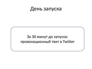 День запуска
За 30 минут до запуска:
провокационный твит в Twitter
 