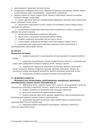 • організовувати і проводити загонові заходи,
• інструктувати довірених йому дітей з Правил внутрішнього розпорядку закладу, правил
техніки безпеки, інших організаційно - нормативних документів;
• уважно стежити за станом здоров'я дітей, вживати оперативних заходів по наданню
допомоги хворим, потерпілим;
• разом з органами дитячого самоврядування оформляти загонове місце, організувати
випуск загонової стінної газети;
• організувати чергування в загоні, стежити за санітарним станом ігрових кімнат,
території, що прилягає;
• контролювати дотримання норм видачі їжі на харчоблоці, стежити за процесом
прийому їжі дітьми в їдальні;
• організувати проведення оздоровчих процедур;
• брати участь у щоденних плануваннях роботи табору;
• негайно доповідати начальнику про всі події в загоні;
• контролювати дотримання санітарно-гігієнічних правил і норм у загоні;
• виконувати інші доручення й обов'язки, віднесені до його компетенції за
розпорядженням адміністрації закладу.
III. ПРАВА
Вихователь має право:
• подавати пропозиції з удосконалення системи виховної й оздоровчої роботи
табору;
• звертатися до керівництва закладу, профспілкового комітету з питаннями про
захист своїх професійних інтересів, інтересів дітей і закладу в цілому;
• знайомитися з проектами, рішеннями відповідних органів і організацій з
питань діяльності дитячих оздоровчих закладів, наказами начальника закладу, що
стосуються ділянки виконуваної ним роботи, вносити відповідні пропозиції до них;
• підписувати і візувати документи в межах своєї компетенції.
IV. ВІДПОВІДАЛЬНІСТЬ
Вихователь несе дисциплінарну, адміністративну, матеріальну, кримінальну
відповідальність у рамках чинного законодавства за:
• збереження життя, здоров'я, повагу честі, гідності і недоторканності дітей, які
знаходяться в дитячому оздоровчому закладі у межах своїх посадових обов'язків;
• недбале ставлення до виконання своїх посадових обов'язків;
• результати виховної й оздоровчої роботи загону;
• нещасні випадки серед дітей, випадки травматизму в разі встановлення його
безпосередньої провини в рамках діючого законодавства;
• дотримання трудової дисципліни, норм охорони праці і техніки безпеки,
протипожежної й екологічної безпеки;
• порушення Правил внутрішнього розпорядку, поведінку, несумісну з
поняттям педагогічної етики.
З інструкцією ознайомлена (ий)________________________________________________
 