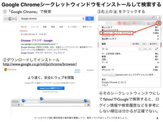 8
Google Chromeシークレットウィンドウをインストールして検索する
http://www.google.co.jp/intl/ja/chrome/browser/
イーンスパイア(株) 横田秀珠の著作権を尊重しつつ、是非ノウハウはシ...