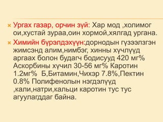  Ургах газар, орчин зүй: Хар мод ,холимог
ои,хустай зураа,оин хормой,хялгад ургана.
 Химийн бүрэлдэхүүн:дорнодын гүзээлзгэн
жимсэнд алим,нимбэг, хинны хүчлүүд
аргаах болон будагч бодисууд 420 мг%
Аскорбины хүчил 30-56 мг% Каротин
1.2мг% Б,Битамин,Чихэр 7.8%,Пектин
0.8% Полифенолын нэгдэлүүд
,кали,натри,кальци каротин тус тус
агуулагддаг байна.
 