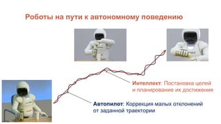 Роботы на пути к автономному поведению
Интеллект: Постановка целей
и планирование их достижения
Автопилот: Коррекция малых отклонений
от заданной траектории
 