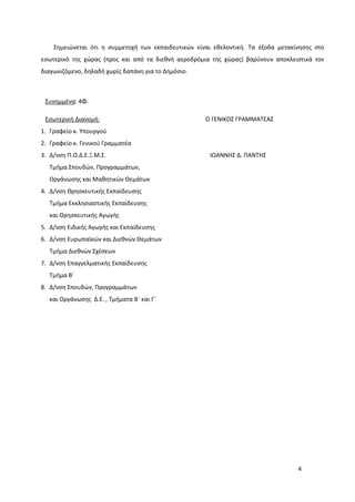4
Σημειώνεται ότι η συμμετοχή των εκπαιδευτικών είναι εθελοντική. Τα έξοδα μετακίνησης στο
εσωτερικό της χώρας (προς και από τα διεθνή αεροδρόμια της χώρας) βαρύνουν αποκλειστικά τον
διαγωνιζόμενο, δηλαδή χωρίς δαπάνη για το Δημόσιο.
Συνημμένα: 4Φ.
Εσωτερική Διανομή: Ο ΓΕΝΙΚΟΣ ΓΡΑΜΜΑΤΕΑΣ
1. Γραφείο κ. Υπουργού
2. Γραφείο κ. Γενικού Γραμματέα
3. Δ/νση Π.Ο.Δ.Ε.Ξ.Μ.Σ. ΙΩΑΝΝΗΣ Δ. ΠΑΝΤΗΣ
Τμήμα Σπουδών, Προγραμμάτων,
Οργάνωσης και Μαθητικών Θεμάτων
4. Δ/νση Θρησκευτικής Εκπαίδευσης
Τμήμα Εκκλησιαστικής Εκπαίδευσης
και Θρησκευτικής Αγωγής
5. Δ/νση Ειδικής Αγωγής και Εκπαίδευσης
6. Δ/νση Ευρωπαϊκών και Διεθνών Θεμάτων
Τμήμα Διεθνών Σχέσεων
7. Δ/νση Επαγγελματικής Εκπαίδευσης
Τμήμα Β΄
8. Δ/νση Σπουδών, Προγραμμάτων
και Οργάνωσης Δ.Ε. , Τμήματα Β΄ και Γ΄
 