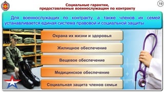 Для военнослужащих по контракту, а также членов их семей
устанавливается единая система правовой и социальной защиты
Охрана их жизни и здоровья
Жилищное обеспечение
Вещевое обеспечение
Медицинское обеспечение
Социальная защита членов семьи
Социальные гарантии,
предоставляемые военнослужащим по контракту
19
 