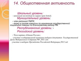14. Общественная активность
Школьный уровень:
- школьный инспектор по охране прав детей.
Муниципальный уровень:
- член районной ПМПК;
- вхожу в состав комиссии по назначению государственной
социальной помощи по Ельниковскому району РМ.
Республиканский уровень: -
Российский уровень:
- Член партии «Единая Россия»;
-участие в избирательной кампании выборов депутатов Государственной
Думы Федерального Собрания РФ ,2011 год;
-участие в выборах Президента Российской Федерации,2012 год
 