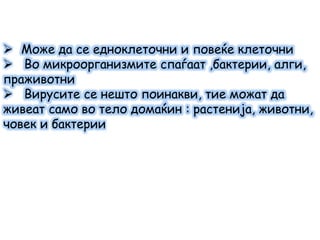  Може да се едноклеточни и повеќе клеточни
 Во микроорганизмите спаѓаат ,бактерии, алги,
праживотни
 Вирусите се нешто поинакви, тие можат да
живеат само во тело домаќин : растенија, животни,
човек и бактерии
 