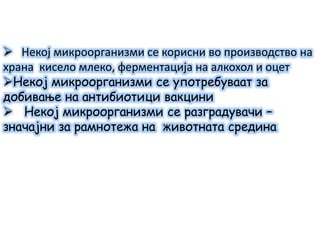  Некој микроорганизми се корисни во производство на
храна кисело млеко, ферментација на алкохол и оцет
Некој микроорганизми се употребуваат за
добивање на антибиотици вакцини
 Некој микроорганизми се разградувачи –
значајни за рамнотежа на животната средина
 