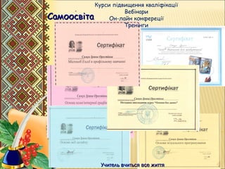 .
СамоосвітаСамоосвіта
Курси підвищення кваліфікації
Вебінари
Он-лайн конфереції
Тренінги
Учитель вчиться все життяУчитель вчиться все життя
 