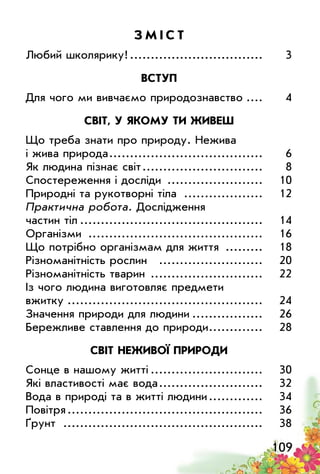 109
З М ІСТ
Любий школярику!.................................	 3
ВСТУП
Для чого ми вивчаємо природознавство.....	 4
СВІТ, У ЯКОМУ ТИ ЖИВЕШ
Що треба знати про природу. Нежива
і жива природа......................................	 6
Як людина пізнає світ..............................	 8
Спостереження і досліди ........................	 10
Природні та рукотворні тіла ....................	 12
Практична робота. Дослідження
частин тіл.............................................	 14
Організми ...........................................	 16
Що потрібно організмам для життя ..........	 18
Різноманітність рослин ..........................	 20
Різноманітність тварин ............................	 22
Із чого людина виготовляє предмети
вжитку................................................	 24
Значення природи для людини..................	 26
Бережливе ставлення до природи..............	 28
СВІТ НЕЖИВОЇ ПРИРОДИ
Сонце в нашому житті............................	 30
Які властивості має вода..........................	 32
Вода в природі та в житті людини..............	 34
Повітря................................................	 36
Ґрунт .................................................	 38
 