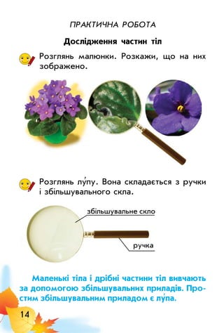 14
Практична робота
Дослідження частин тіл
Розглянь малюнки. Розкажи, що на них
зображено.
Розглянь лу′пу. Вона складається з ручки
і збільшувального скла.
Маленькі тіла і дрібні частини тіл вивчають
за допомогою збільшувальних приладів. Про­
стим збільшувальним приладом є лу′па.
збільшувальне скло
ручка
 