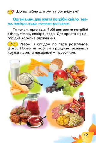 19
?	Що потрібно для життя організмам?
Організмам для життя потрібні світло, теп­
ло, повітря, вода, поживні речовини.
Ти також організм. Тобі для життя потрібні
світло, тепло, повітря, вода. Для зростання не­
обхідне корисне харчування.
Разом із сусідом по парті розгляньте
фото. Позначте корисні продукти зеленими
кружечками, а некорисні – червоними.
 