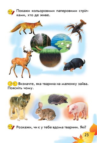 23
Покажи кольоровими паперовими стріл­
ками, хто де живе.
Визначте, яка тварина на малюнку зайва.
Поясніть чому.
Розкажи, чи є у тебе вдома тварини. Які?
 