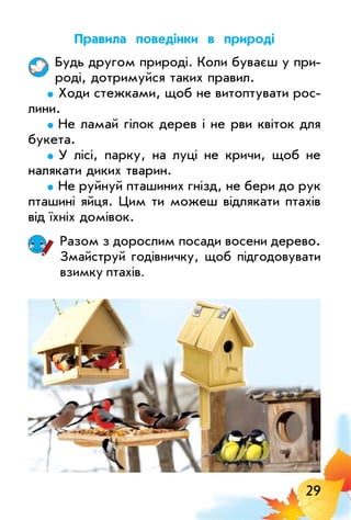 29
правила поведінки в природі
Будь другом природі. Коли буваєш у при­
роді, дотримуйся таких правил.
Ходи стежками, щоб не витоптувати рос­
лини.
Не ламай гілок дерев і не рви квіток для
букета.
у лісі, парку, на луці не кричи, щоб не
налякати диких тварин.
Не руйнуй пташиних гнізд, не бери до рук
пташині яйця. цим ти можеш відлякати птахів
від їхніх домівок.
Разом з дорослим посади восени дерево.
Змайструй годівничку, щоб підгодовувати
взимку птахів.
 