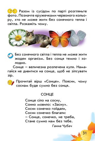 31
Разом із сусідом по парті розгляньте
фото. Позначте кружечками червоного кольо­
ру, хто не може жити без сонячного тепла і
світла. Розкажіть чому.
Без сонячного світла і тепла не може жити
жоден організм. Без сонця темно і хо­
лодно.
Сонце – величезна розпечена куля. Нама­
гайся не дивитися на сонце, щоб не зіпсувати
зір.
Прочитай вірш «Сонце». Поясни, чому
соснам буде сумно без сонця.
СоНце
Сонце сіло на сосну,
Сонно мовило: «Засну».
Сосни сонечко гойдали,
Сосни сонечко благали:
– Сонце, сонечко, не треба,
Стане сумно нам без тебе.
Ганна чубач
 