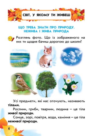 6
Cвіт, у ЯкоМу ти живеш
Що треба знати про природу.
нежива і жива природа
Розглянь фото. Що із зображеного на
них ти щодня бачиш дорогою до школи?
усі предмети, які нас оточують, називають
тілами.
Рослини, гриби, тварини, людина – це тіла
живої природи.
Сонце, зорі, повітря, вода, каміння – це тіла
неживої природи.
 