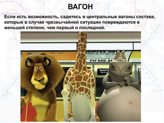 ВАГОН
Если есть возможность, садитесь в центральные вагоны состава,
которые в случае чрезвычайной ситуации повреждаются в
меньшей степени, чем первый и последний.
 