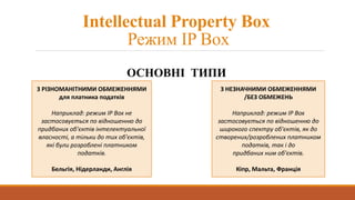 Intellectual Property Box
Режим IP Box
ОСНОВНІ ТИПИ
З РІЗНОМАНІТНИМИ ОБМЕЖЕННЯМИ
для платника податків
Наприклад: режим IP Box не
застосовується по відношенню до
придбаних об'єктів інтелектуальної
власності, а тільки до тих об'єктів,
які були розроблені платником
податків.
Бельгія, Нідерланди, Англія
З НЕЗНАЧНИМИ ОБМЕЖЕННЯМИ
/БЕЗ ОБМЕЖЕНЬ
Наприклад: режим IP Box
застосовується по відношенню до
широкого спектру об'єктів, як до
створених/розроблених платником
податків, так і до
придбаних ним об'єктів.
Кіпр, Мальта, Франція
 