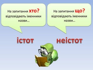 На запитання хто?
відповідають іменники
назви…
На запитання що?
відповідають іменники
назви…
 