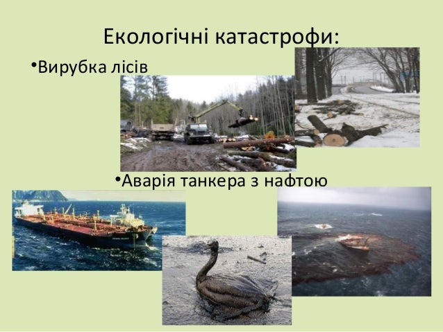 Екологічні катастрофи:
•Вирубка лісів
•Аварія танкера з нафтою
 